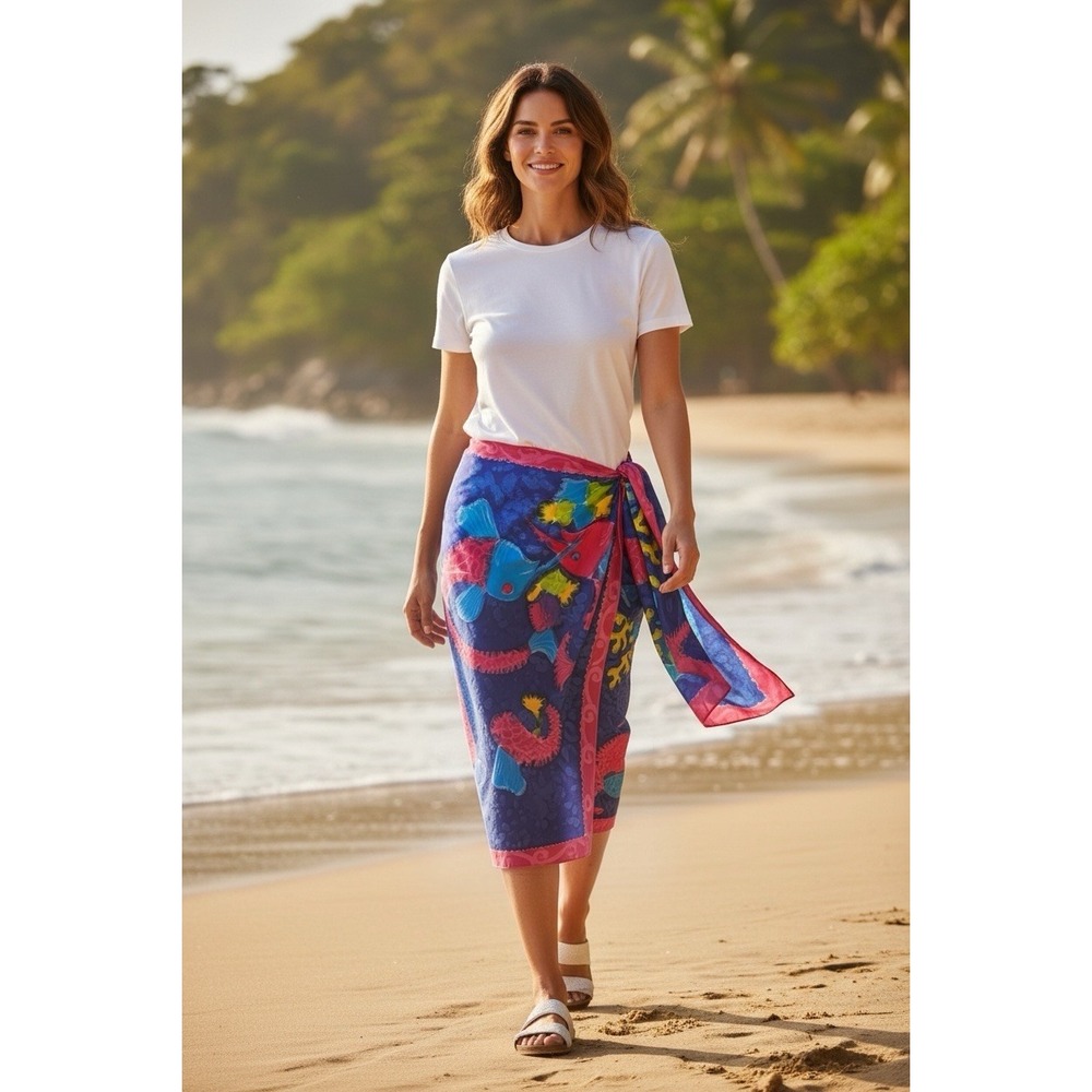 Island Fantasy Tropical Fish Sarong Wrap Scarf Cover Up Free Size NWT